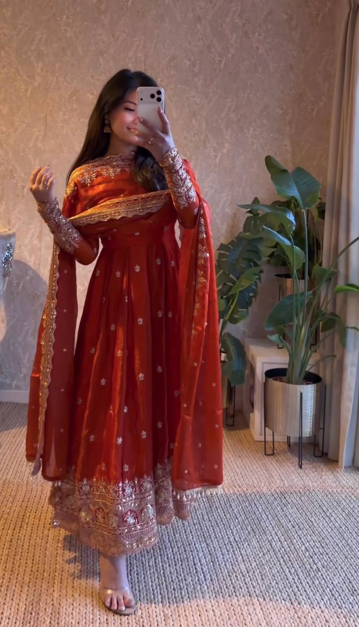 ORANGE COLOR DESIGNER GOWN SET WITH DUPATTA & PANT