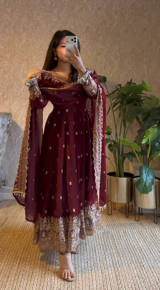 MAROON COLOR DESIGNER GOWN SET WITH DUPATTA & PANT