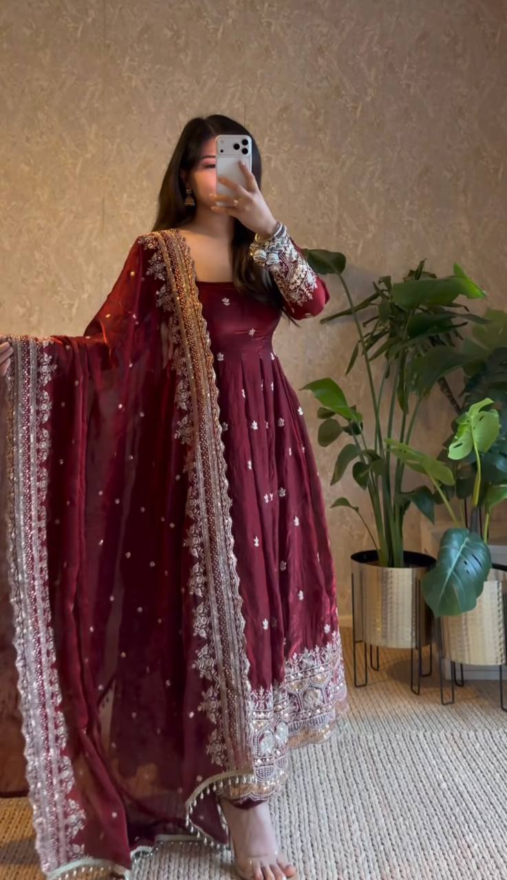MAROON COLOR DESIGNER GOWN SET WITH DUPATTA & PANT