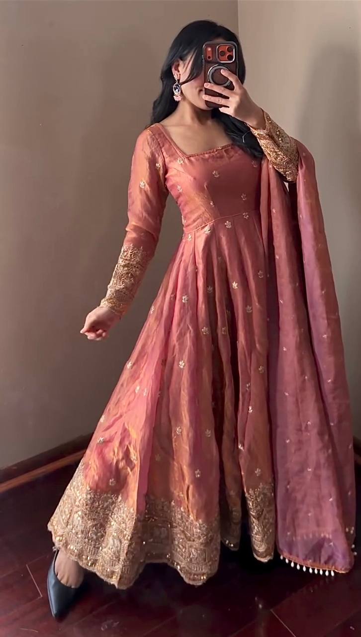 DUSKY ROSE COLOR DESIGNER GOWN SET WITH DUPATTA & PANT