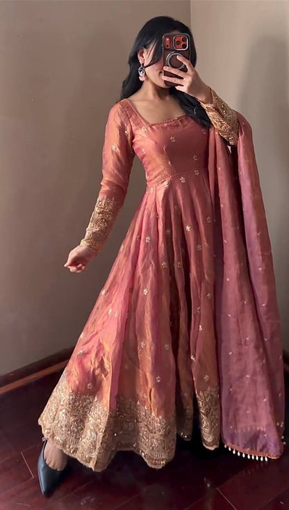 DUSKY ROSE COLOR DESIGNER GOWN SET WITH DUPATTA & PANT