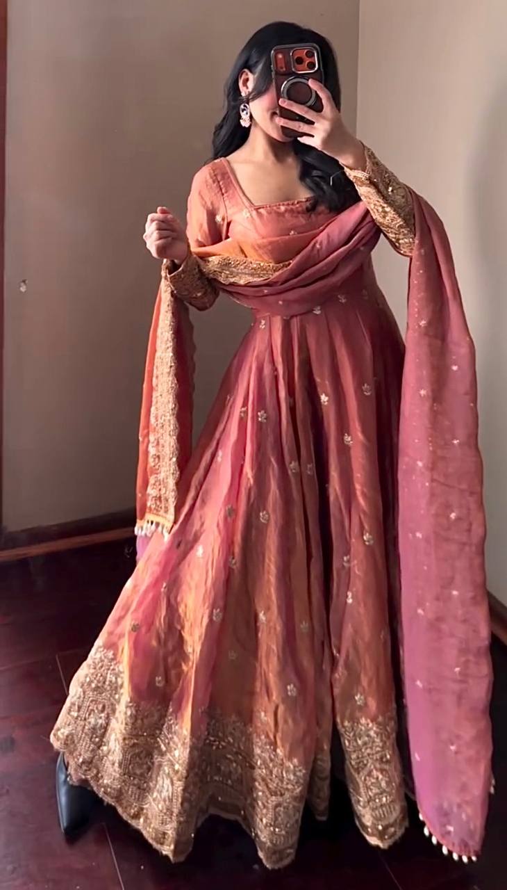 DUSKY ROSE COLOR DESIGNER GOWN SET WITH DUPATTA & PANT