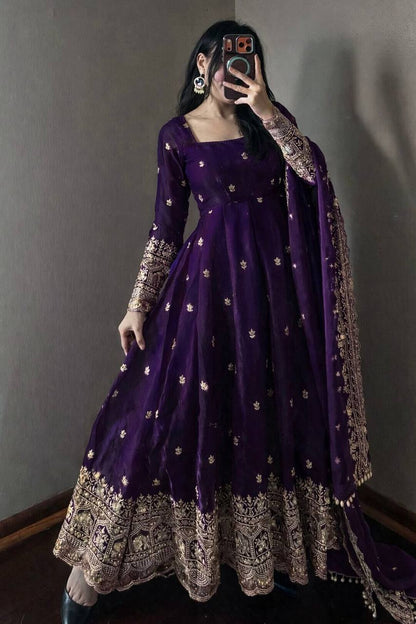 PURPLE COLOR DESIGNER GOWN SET WITH DUPATTA & PANT