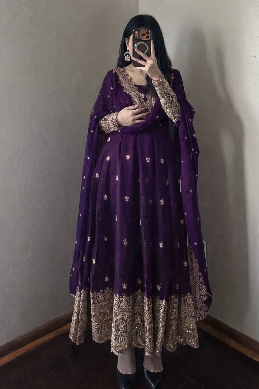 PURPLE COLOR DESIGNER GOWN SET WITH DUPATTA & PANT