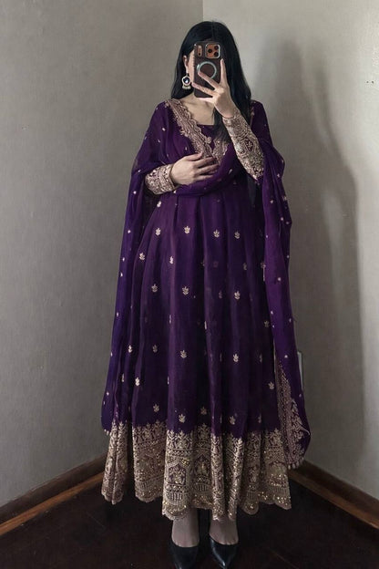 PURPLE COLOR DESIGNER GOWN SET WITH DUPATTA & PANT