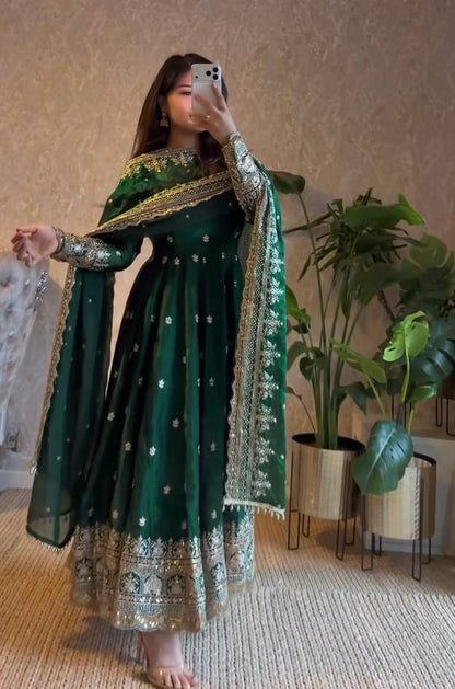 GREEN COLOR DESIGNER GOWN SET WITH DUPATTA & PANT