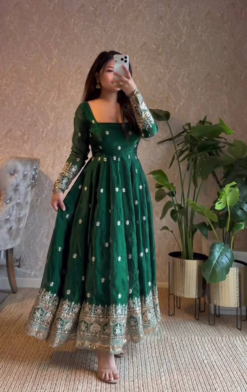 GREEN COLOR DESIGNER GOWN SET WITH DUPATTA & PANT