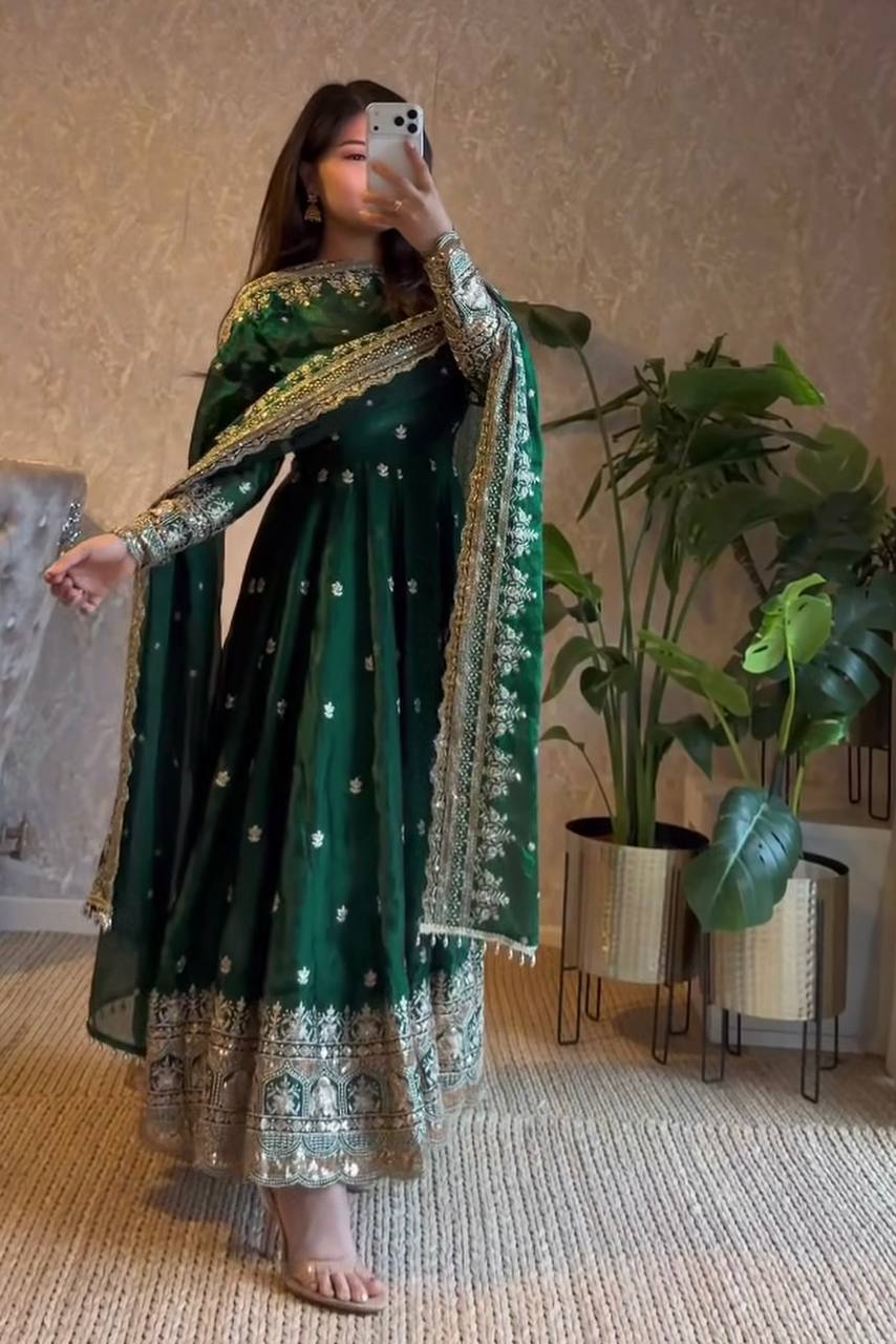 GREEN COLOR DESIGNER GOWN SET WITH DUPATTA & PANT