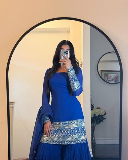 BLUE COLOR GEORGETTE BASE EMBROIDERED WORK SHARARA SUIT SET OF 3