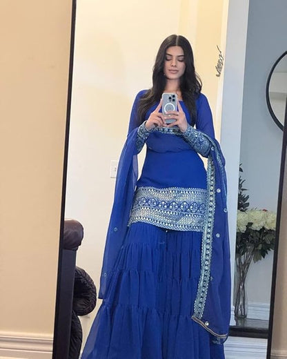 BLUE COLOR GEORGETTE BASE EMBROIDERED WORK SHARARA SUIT SET OF 3
