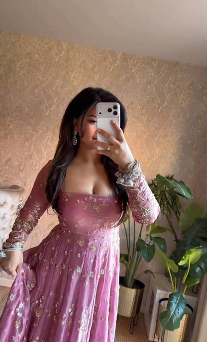 PINK COLOR HEAVY FANDY SILK EMBROIDERY SEQUENCE WORK ANARKALI SUIT