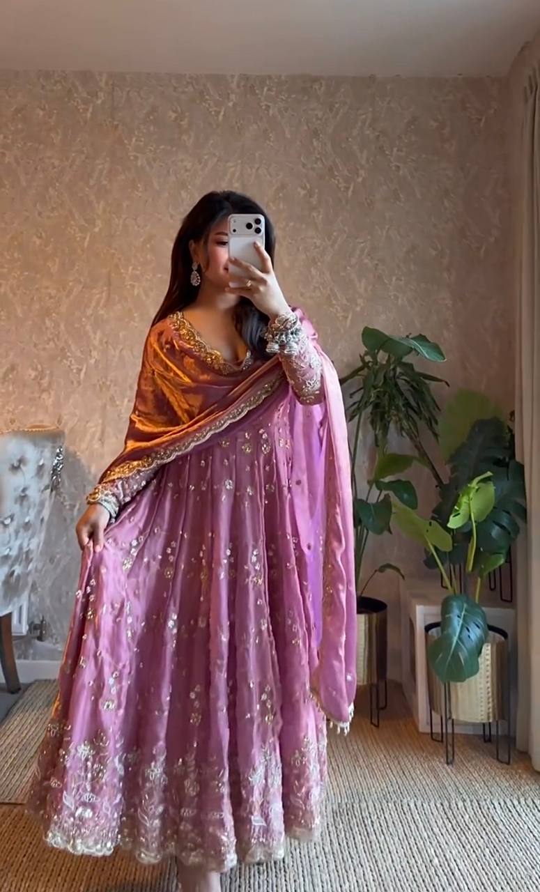 PINK COLOR HEAVY FANDY SILK EMBROIDERY SEQUENCE WORK ANARKALI SUIT