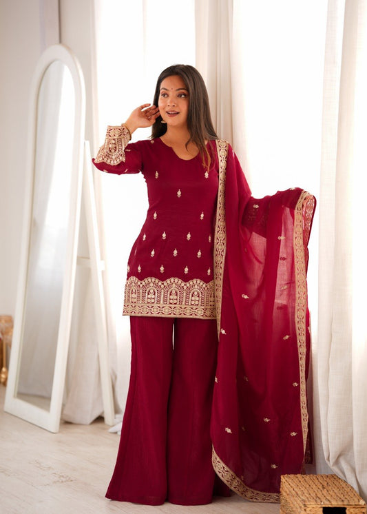 MAROON CRUNCHY SILK EMBROIDERED BELL BOTTOM PALAZZO SET