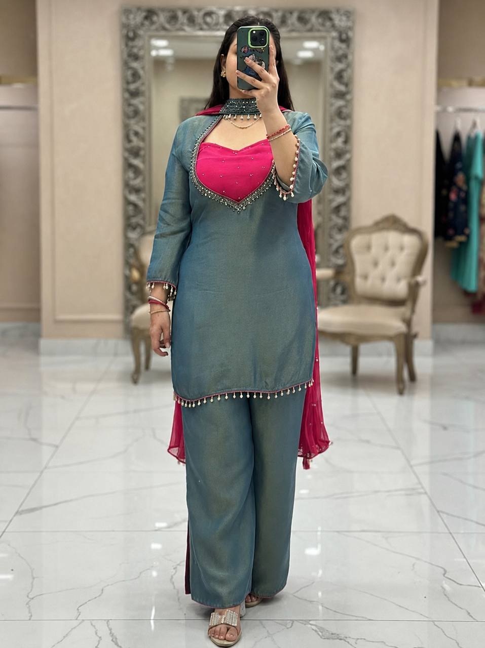 PREMIUM TEAL BLUE ROMAN GLASS SILK BUSTIER SUIT SET