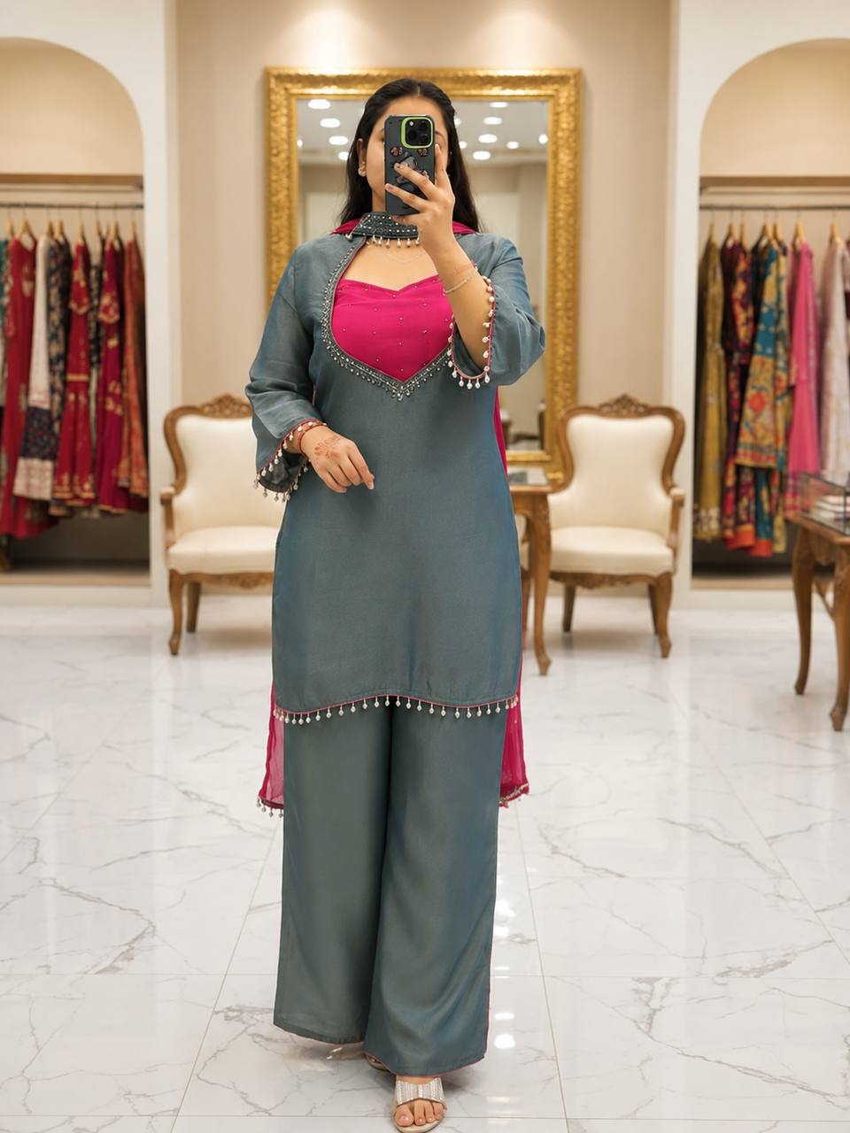 PREMIUM TEAL BLUE ROMAN GLASS SILK BUSTIER SUIT SET