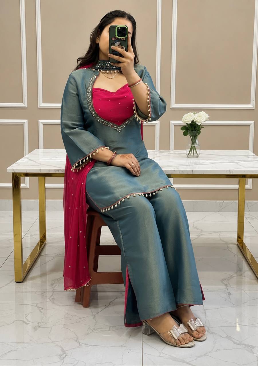 PREMIUM TEAL BLUE ROMAN GLASS SILK BUSTIER SUIT SET