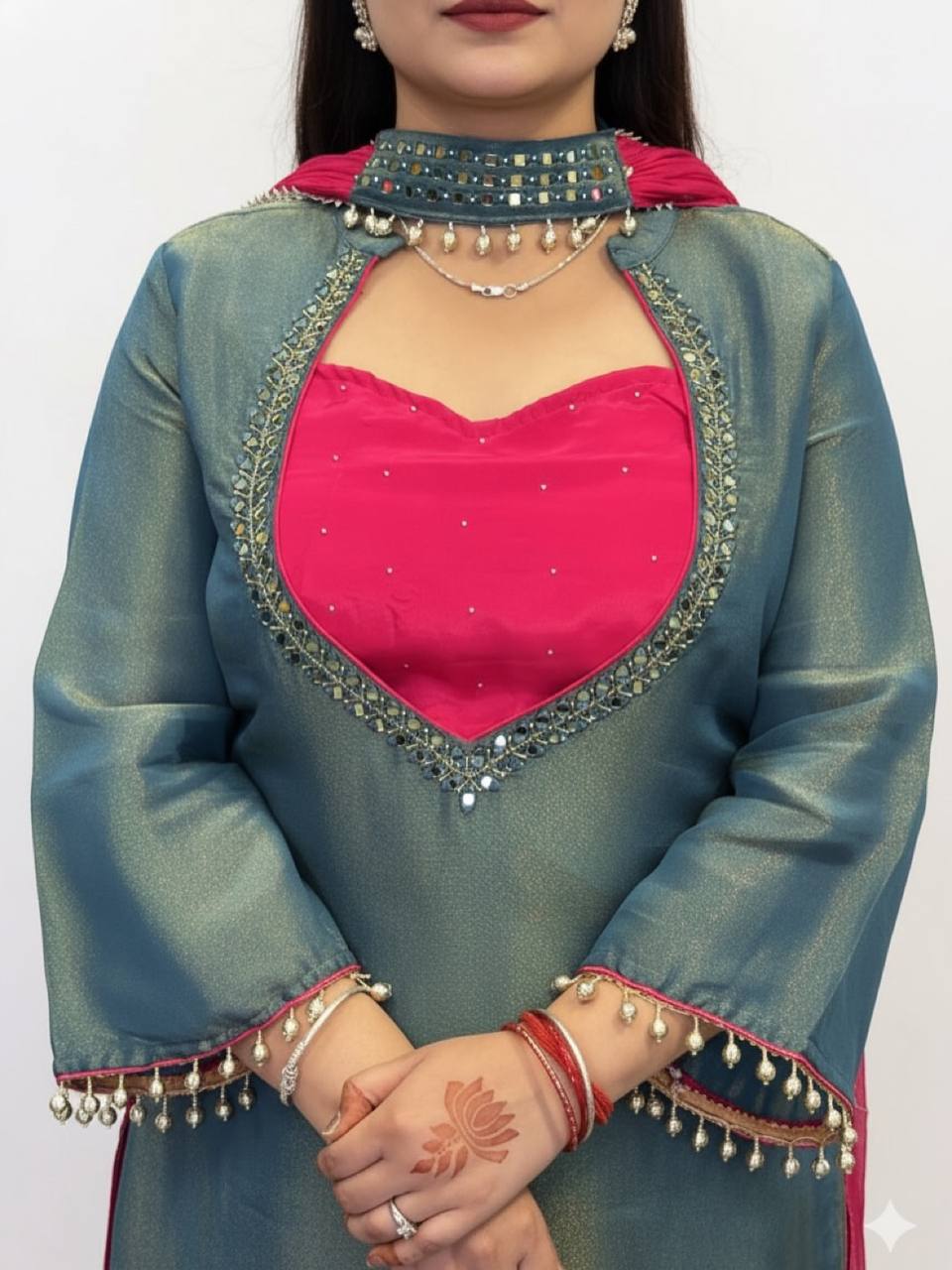PREMIUM TEAL BLUE ROMAN GLASS SILK BUSTIER SUIT SET