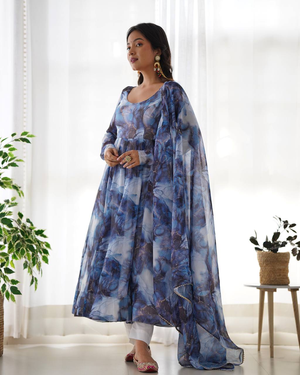NAVY BLUE COLOR PURE SOFT ORGANZA ANARKALI SUIT SET OF 3