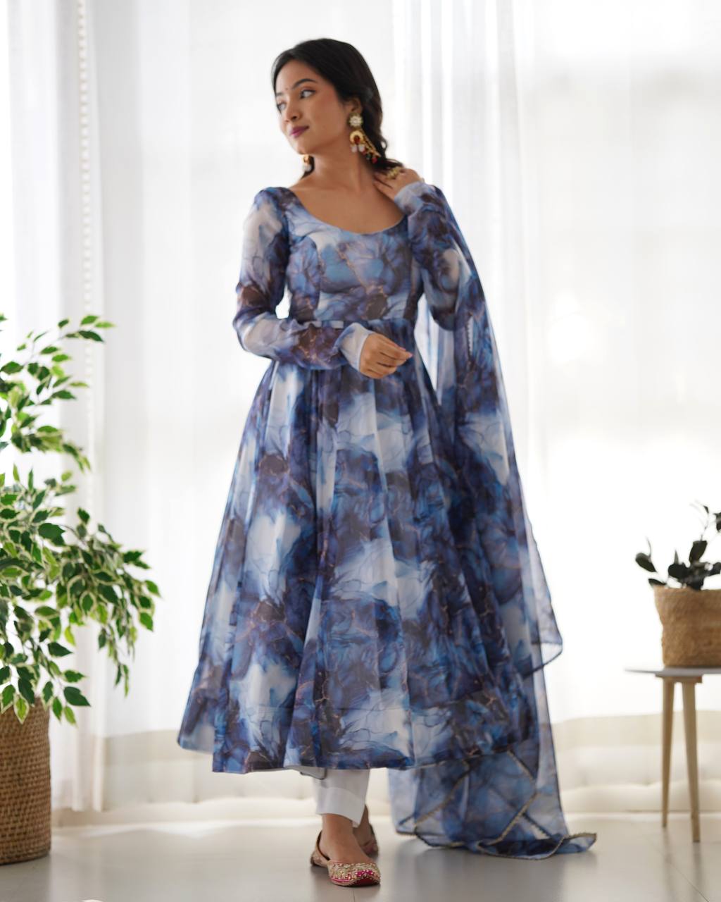 NAVY BLUE COLOR PURE SOFT ORGANZA ANARKALI SUIT SET OF 3