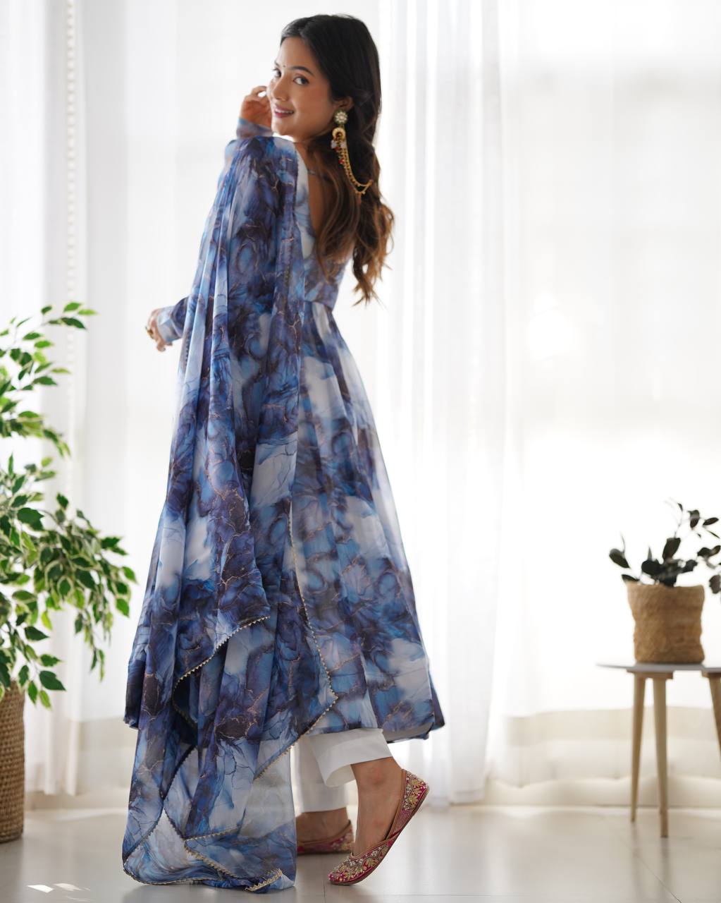 NAVY BLUE COLOR PURE SOFT ORGANZA ANARKALI SUIT SET OF 3