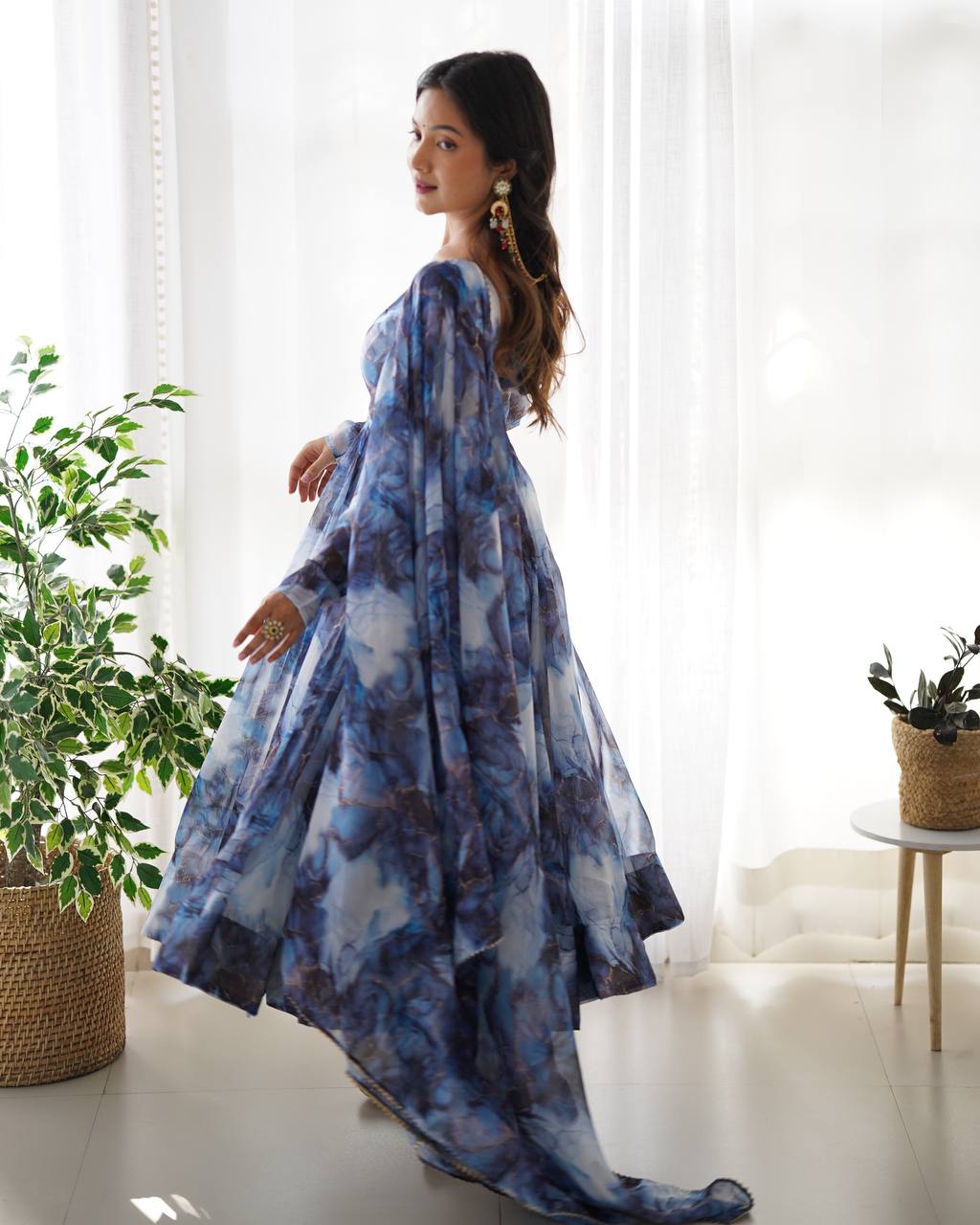 NAVY BLUE COLOR PURE SOFT ORGANZA ANARKALI SUIT SET OF 3