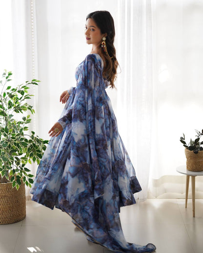 NAVY BLUE COLOR PURE SOFT ORGANZA ANARKALI SUIT SET OF 3