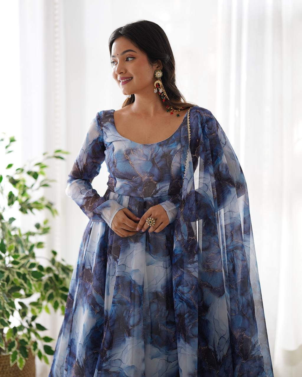 NAVY BLUE COLOR PURE SOFT ORGANZA ANARKALI SUIT SET OF 3