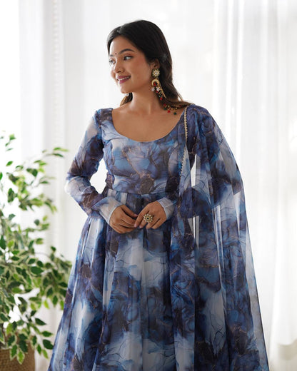 NAVY BLUE COLOR PURE SOFT ORGANZA ANARKALI SUIT SET OF 3