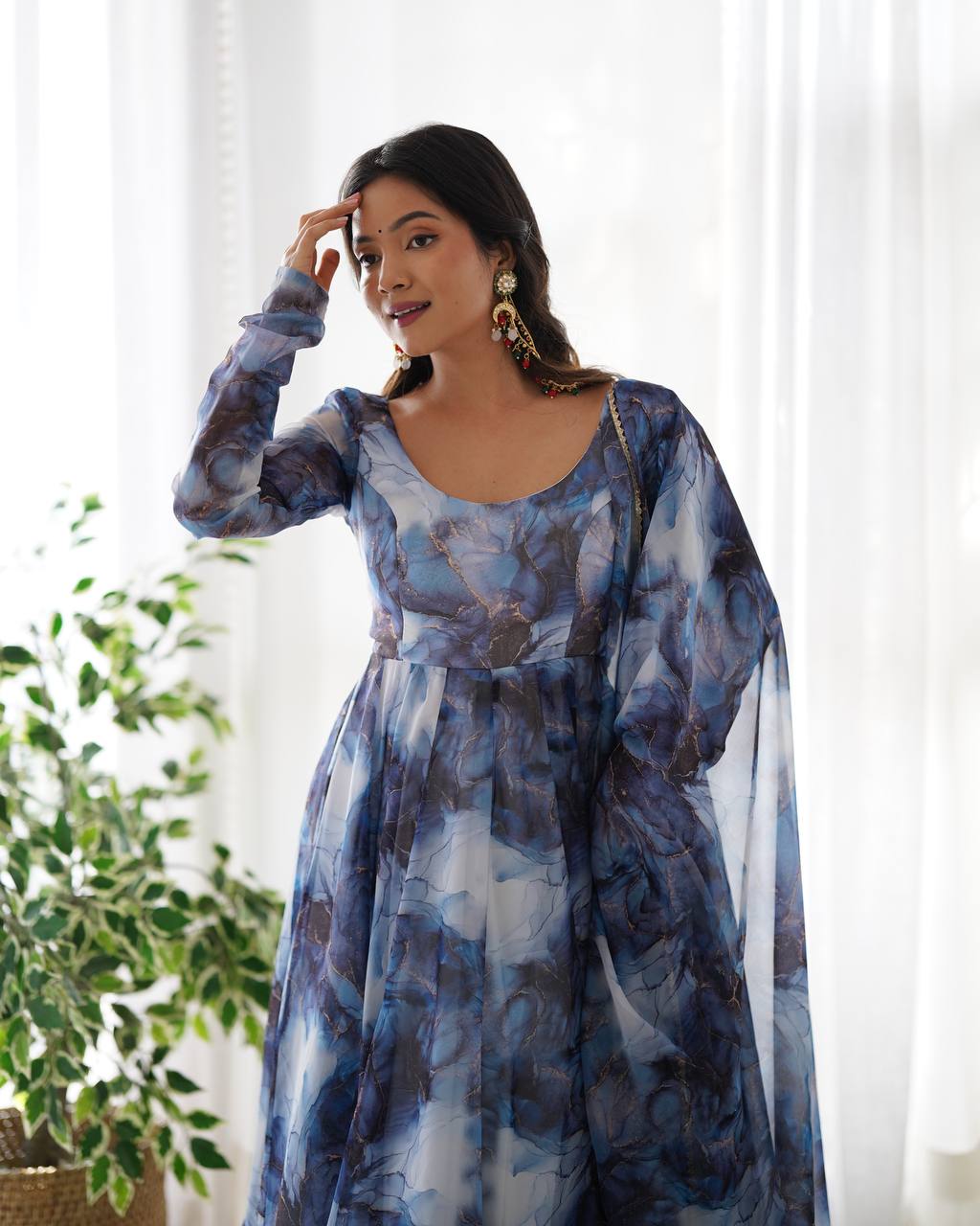 NAVY BLUE COLOR PURE SOFT ORGANZA ANARKALI SUIT SET OF 3