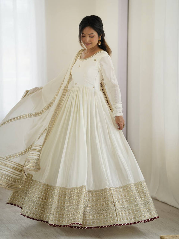 WHITE COLOR EMBROIDERY SEQUENCE WORK ANARKALI SUIT