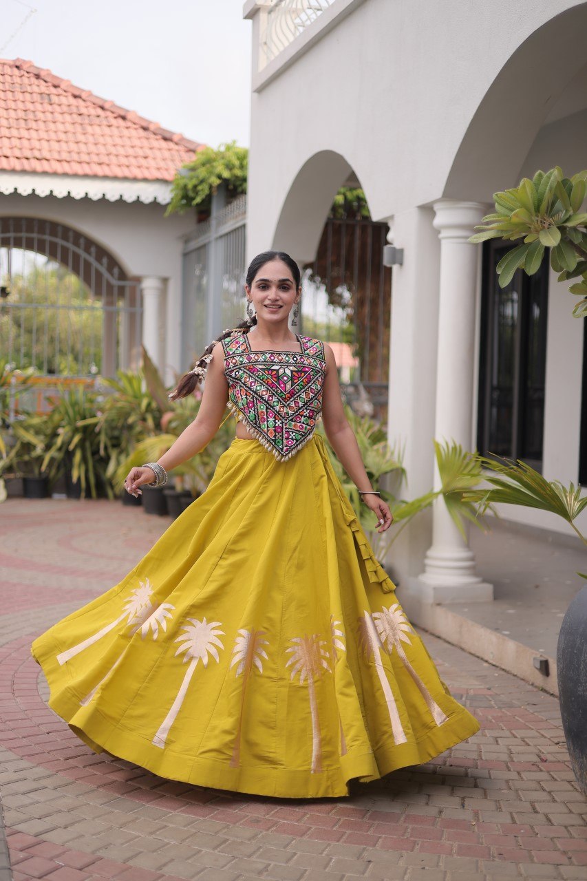 NAVRATRI SPECIAL PARROT GREEN KUTCHI GAMTHI WITH MIRROR WORK & COCONUT GOTA WORK LEHENGA CHOLI
