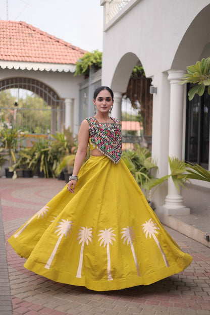 NAVRATRI SPECIAL PARROT GREEN KUTCHI GAMTHI WITH MIRROR WORK & COCONUT GOTA WORK LEHENGA CHOLI