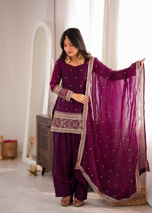 DESIGNER WINE EMBROIDERED FENDY SILK KURTA FARSHI SALWAR SET