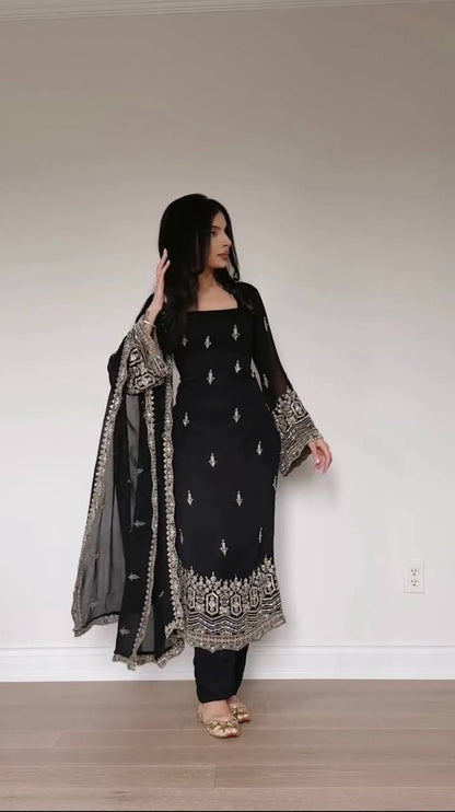 BLACK FAUX GEORGETTE BEAUTIFUL EMBROIDERED WORK SUIT SET
