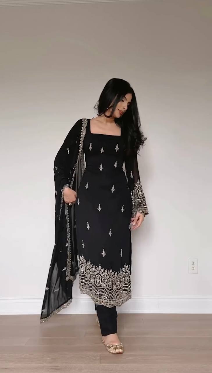 BLACK FAUX GEORGETTE BEAUTIFUL EMBROIDERED WORK SUIT SET