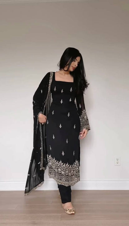BLACK FAUX GEORGETTE BEAUTIFUL EMBROIDERED WORK SUIT SET