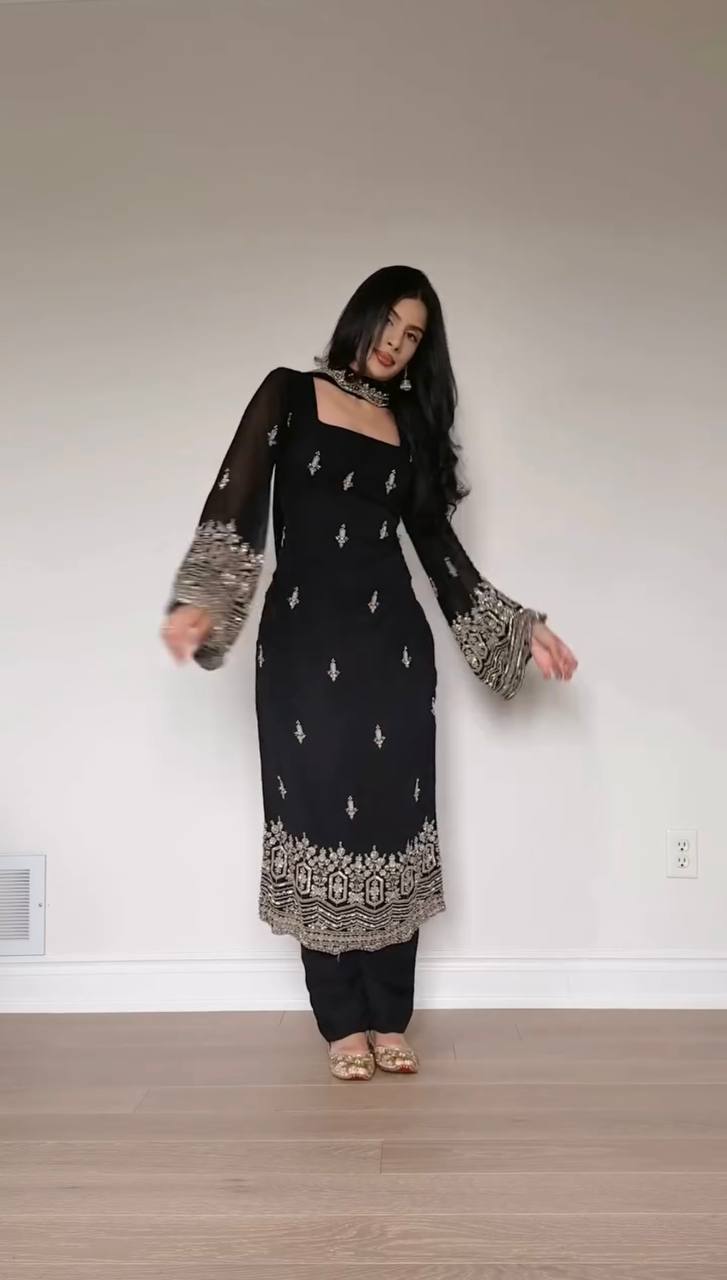 BLACK FAUX GEORGETTE BEAUTIFUL EMBROIDERED WORK SUIT SET