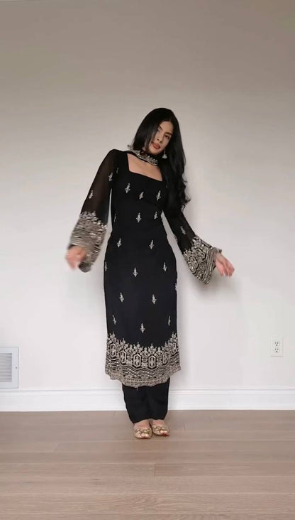 BLACK FAUX GEORGETTE BEAUTIFUL EMBROIDERED WORK SUIT SET