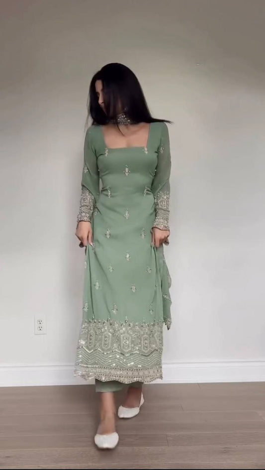 PISTA FAUX GEORGETTE BEAUTIFUL EMBROIDERED WORK SUIT SET