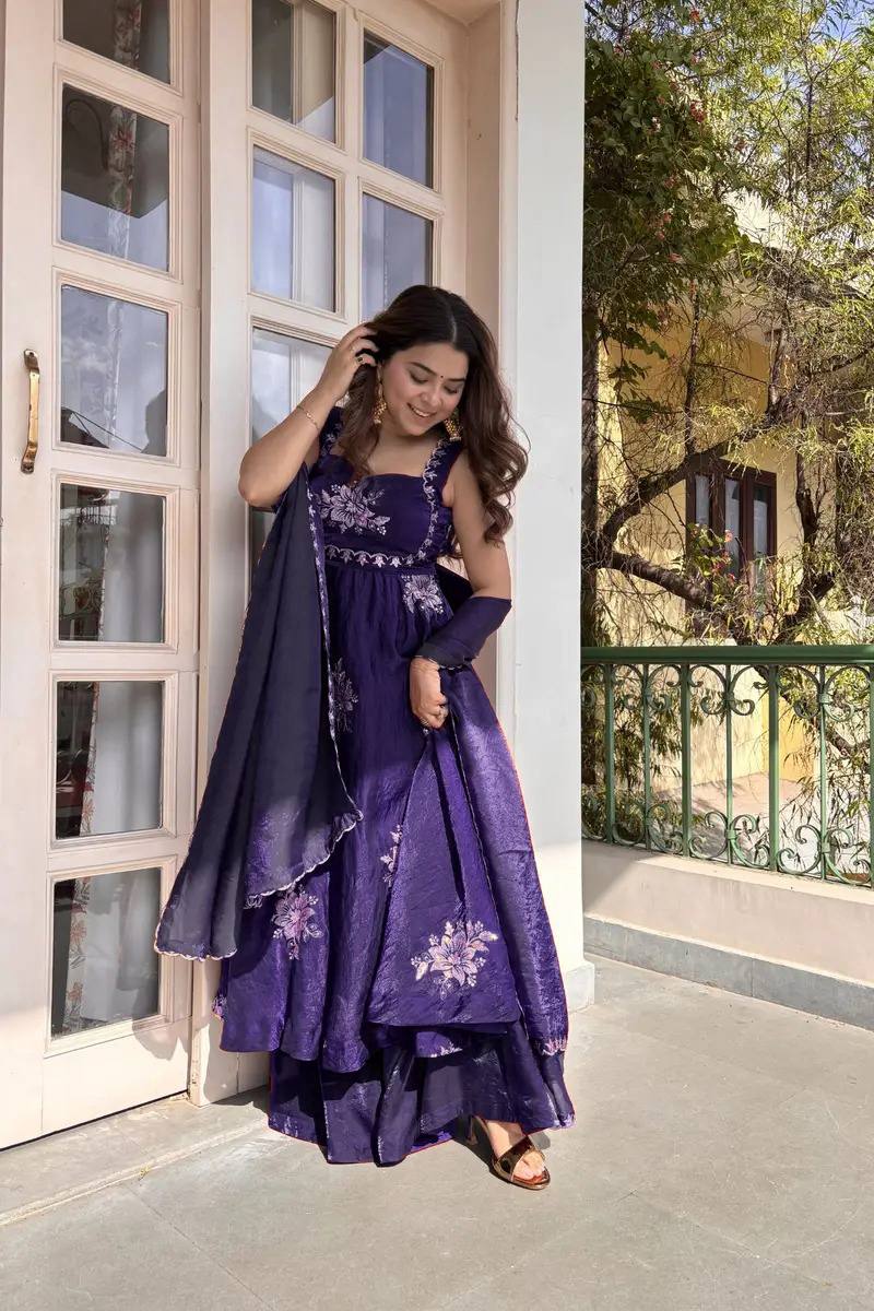BLUE DESIGNER ANARKALI WITH SABYASACHI STYLE NECKLINE
