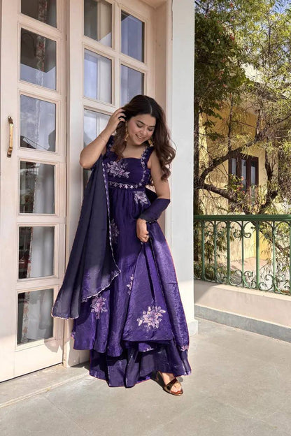 BLUE DESIGNER ANARKALI WITH SABYASACHI STYLE NECKLINE