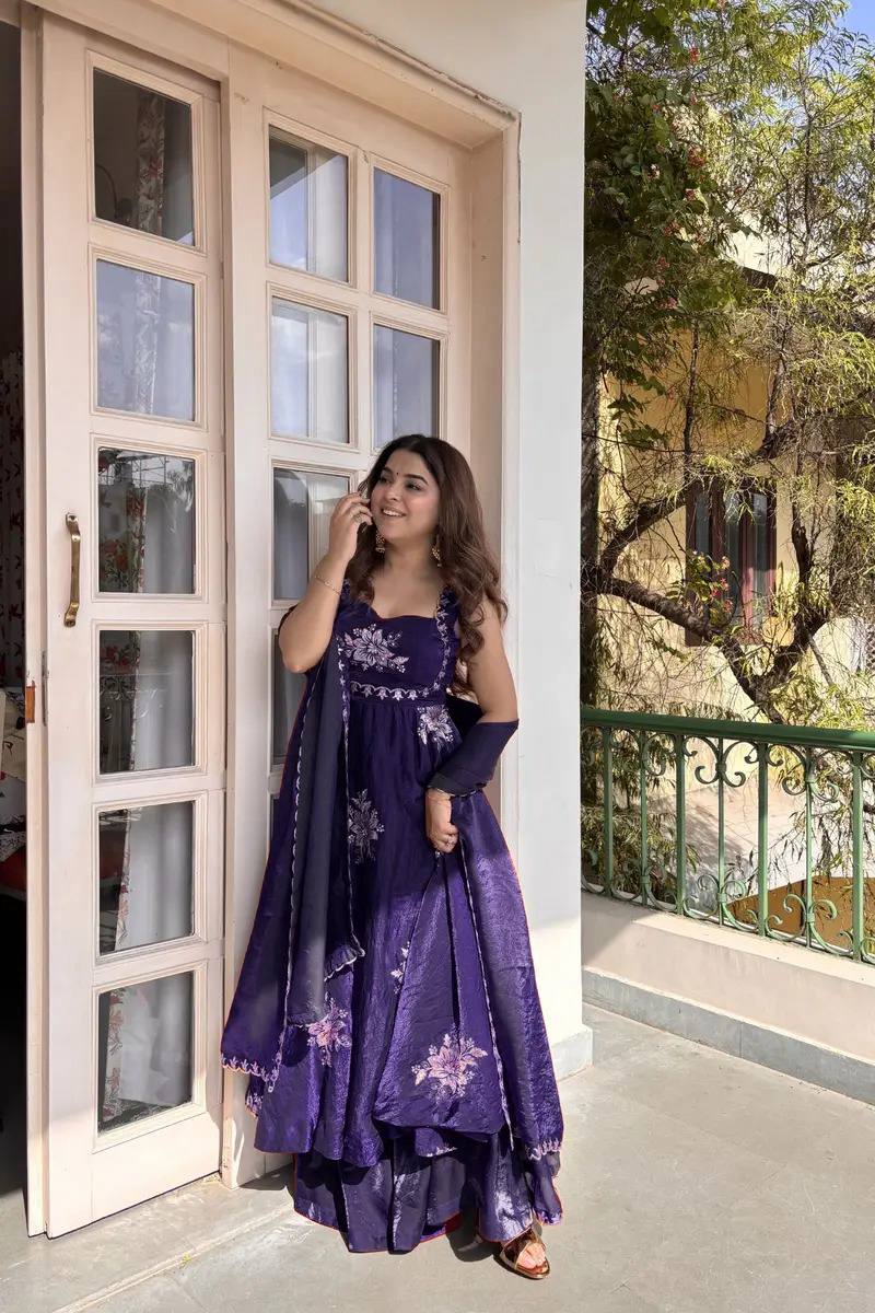 BLUE DESIGNER ANARKALI WITH SABYASACHI STYLE NECKLINE