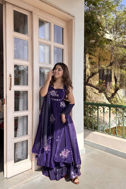 BLUE DESIGNER ANARKALI WITH SABYASACHI STYLE NECKLINE