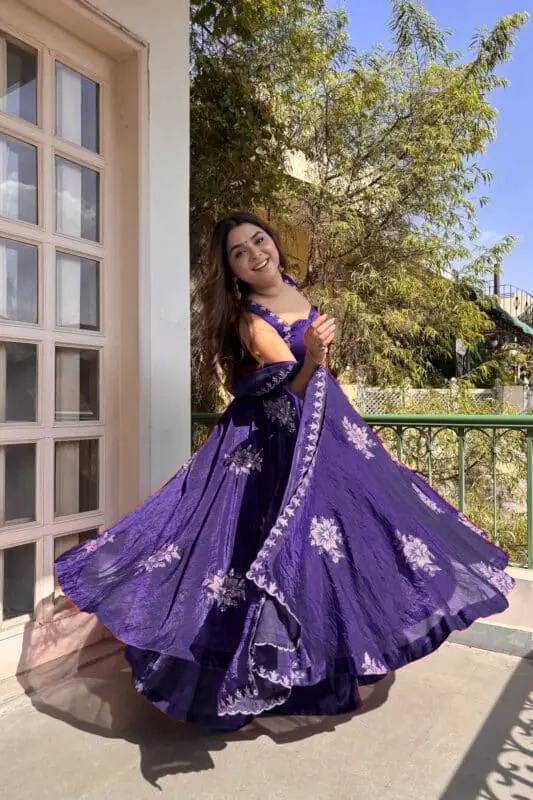 BLUE DESIGNER ANARKALI WITH SABYASACHI STYLE NECKLINE
