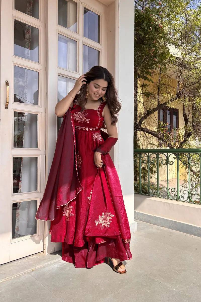 ROSE RED DESIGNER ANARKALI WITH SABYASACHI STYLE NECKLINE