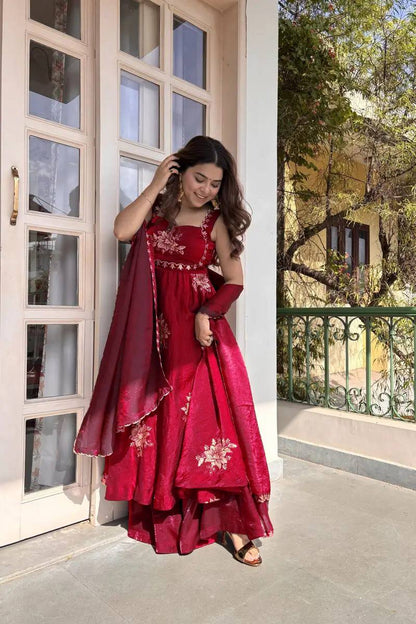 ROSE RED DESIGNER ANARKALI WITH SABYASACHI STYLE NECKLINE