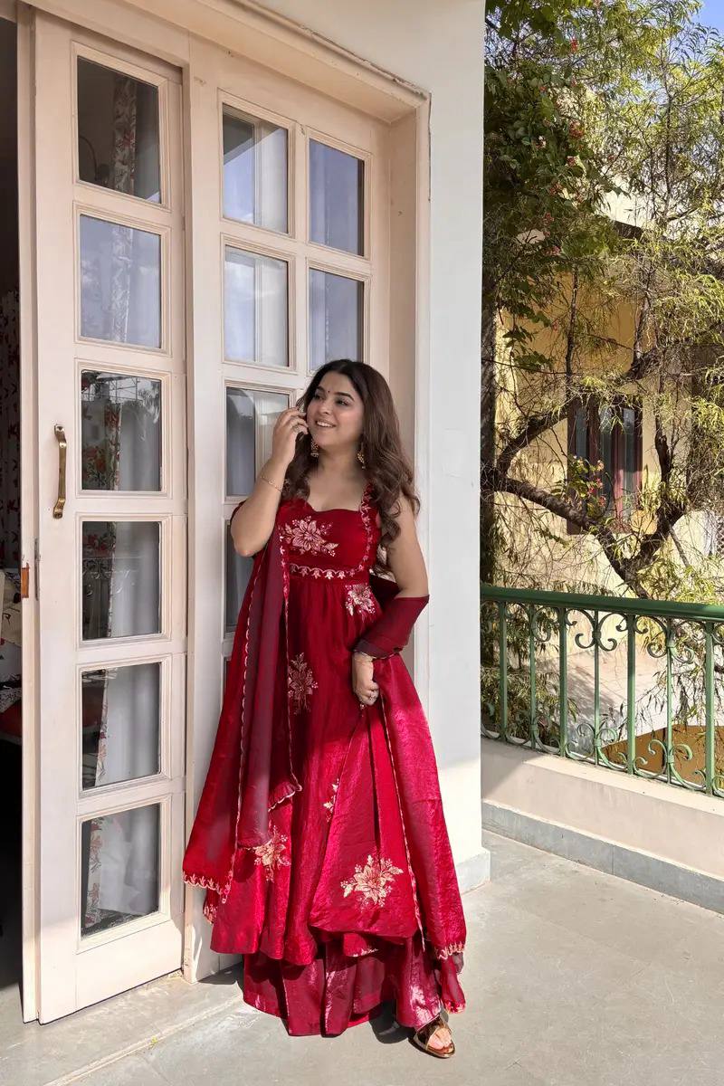 ROSE RED DESIGNER ANARKALI WITH SABYASACHI STYLE NECKLINE