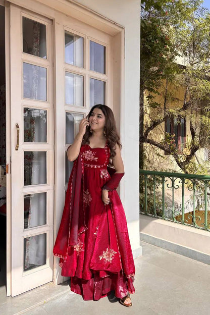 ROSE RED DESIGNER ANARKALI WITH SABYASACHI STYLE NECKLINE