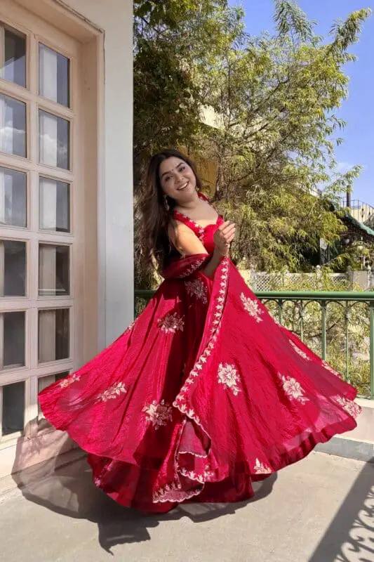ROSE RED DESIGNER ANARKALI WITH SABYASACHI STYLE NECKLINE