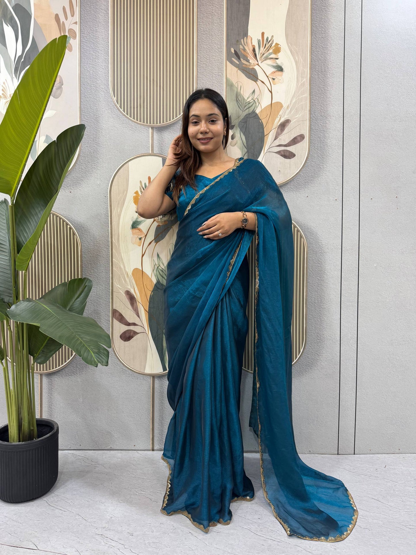 BLUE COLOR SPACE SILK GOWN SAREE WITH BEADS LACE & DUPATTA